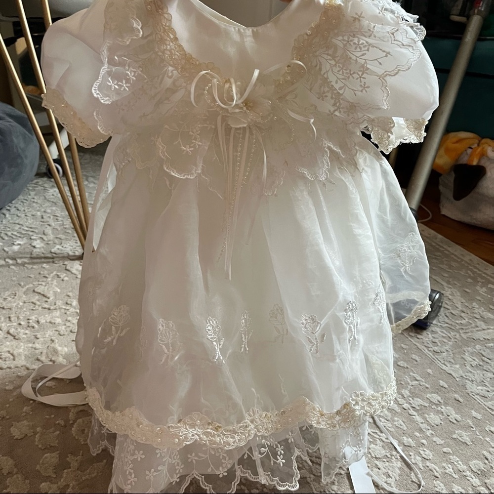 vintage baby girls white christening baptism dress with cap sleeves - Picture 6 of 11